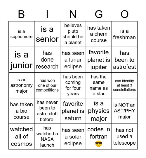 Astronomy Club Bingo Card