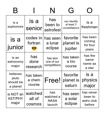 Astronomy Club Bingo Card