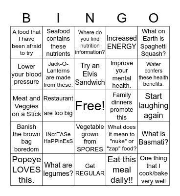 Nutrition, Exercise and  Bingo Card