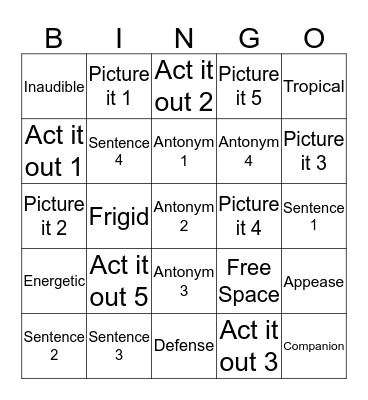 Vocabulary Bingo Card