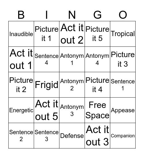 Vocabulary Bingo Card