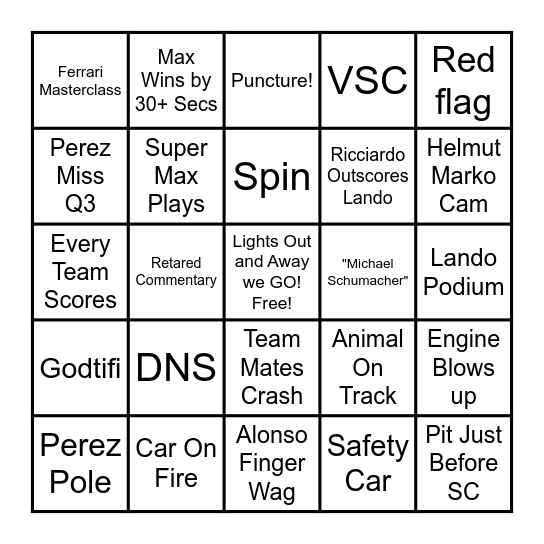 F1 Bingo! Bingo Card