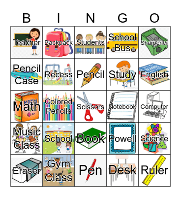 School Bingo Card