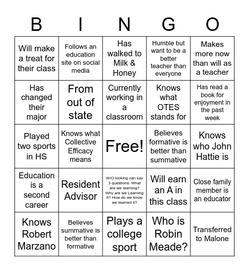Malone University: Get to know each other Bingo Card