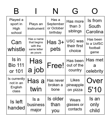 U101 Find a Friend! Bingo Card
