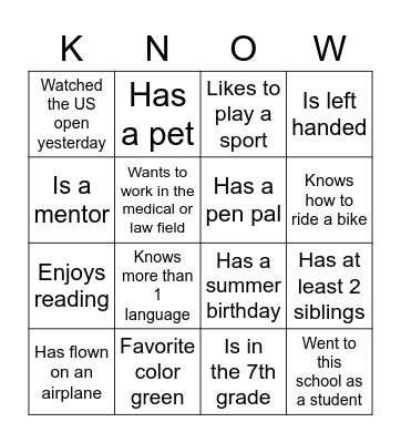 Getting to KNOW You Bingo Card