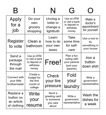 Life Skills Bingo Card