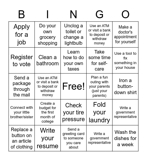 Life Skills Bingo Card