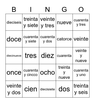 Spanish Lesson Bingo Card