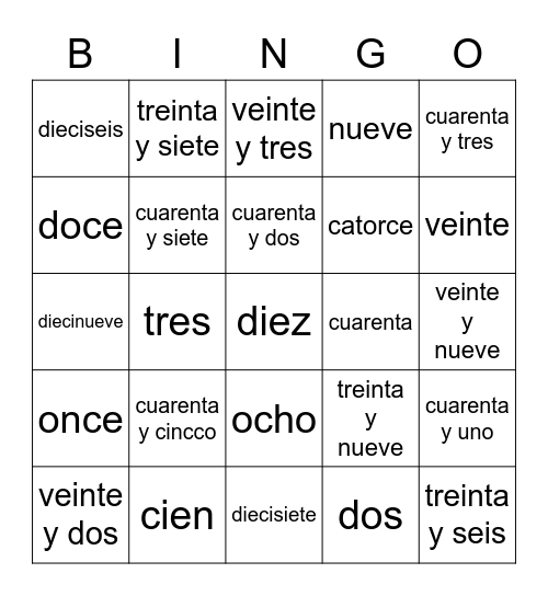 Spanish Lesson Bingo Card