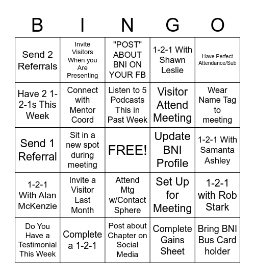 BNI BINGO Valley Wide Networkers Bingo Card