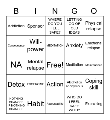 Recovery Skills Bingo Card