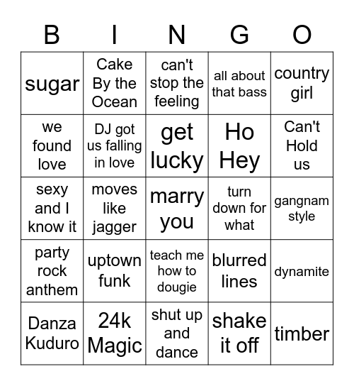 Dance Hits Bingo Card