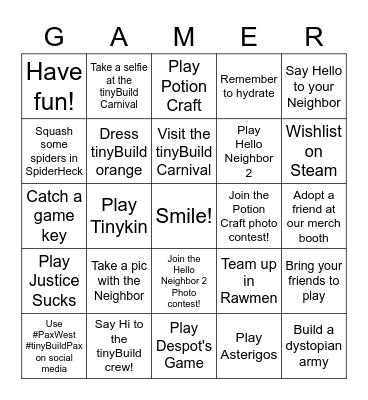 tinyBuild at Pax West 2022 Bingo Card