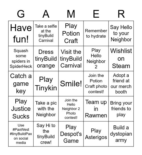 tinyBuild at Pax West 2022 Bingo Card