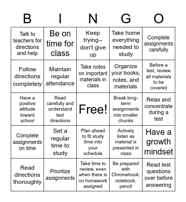 Study Skills Bingo Card