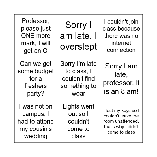 Sincere Apologies Bingo Card