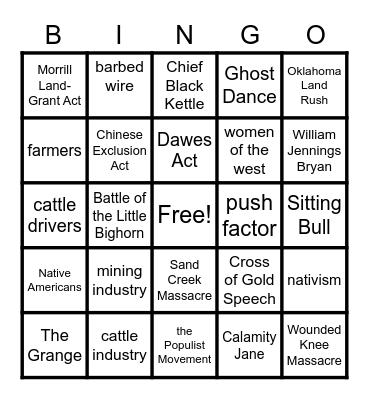 Westward Expansion Bingo Card