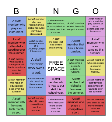 Welcome Back Staff BINGO Challenge Bingo Card