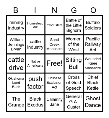 Westward Expansion Bingo Card