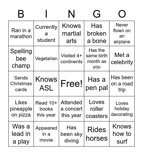 Get to know you BINGO Card
