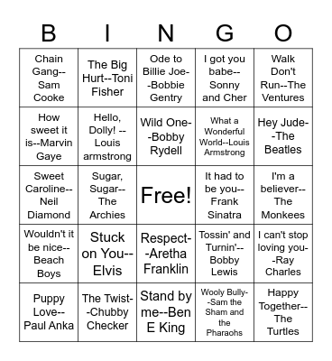 1960s Hits Bingo Card