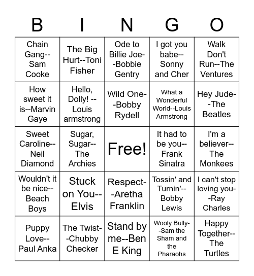 1960s Hits Bingo Card