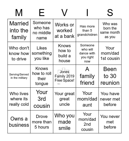 Family Scavenger Hunt Bingo Card