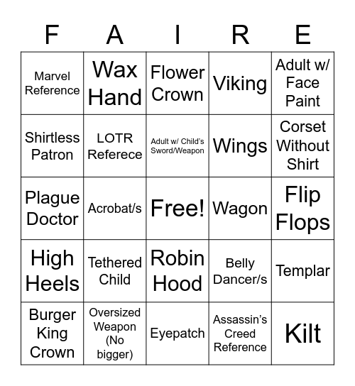 Renaissance Fair Bingo Card