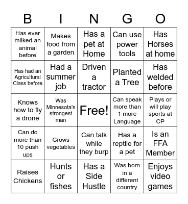Agriculture Get to Know you Bingo Card