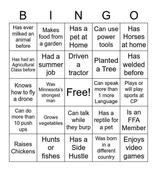 Agriculture Get to Know you Bingo Card