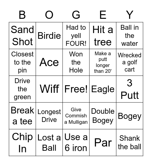 Bogey Golf Bingo Card