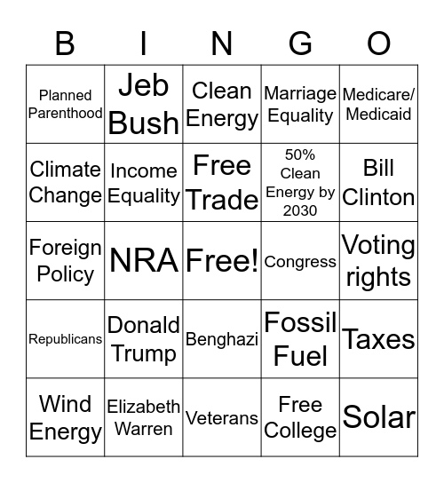 Democratic Debate BINGO Card