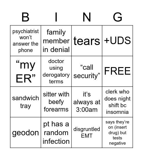 ER psych patient Bingo Card