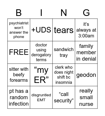 ER psych patient Bingo Card