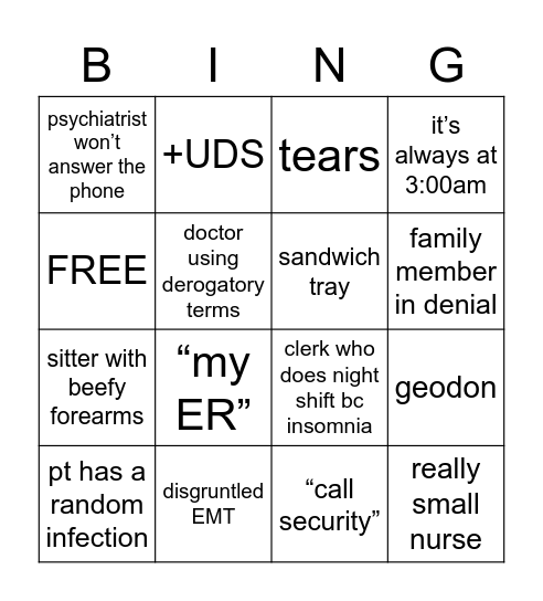 ER psych patient Bingo Card