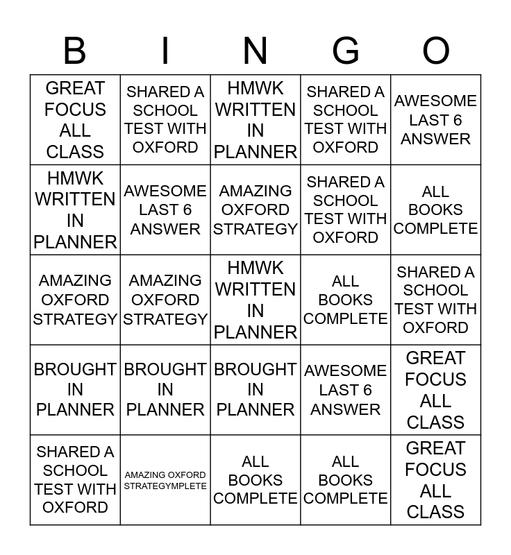 OXFORD BINGO Card