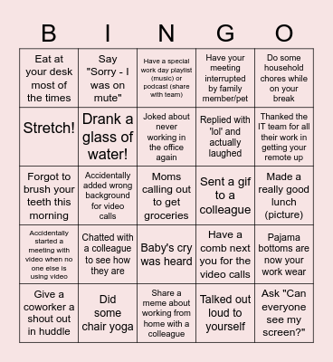 Remote Work Bingo Card