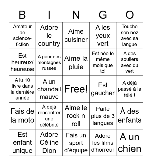 Bingo Humain Bingo Card