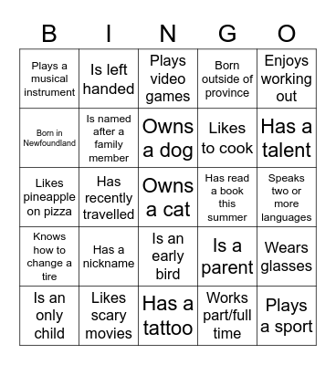 Getting To Know You Bingo Card