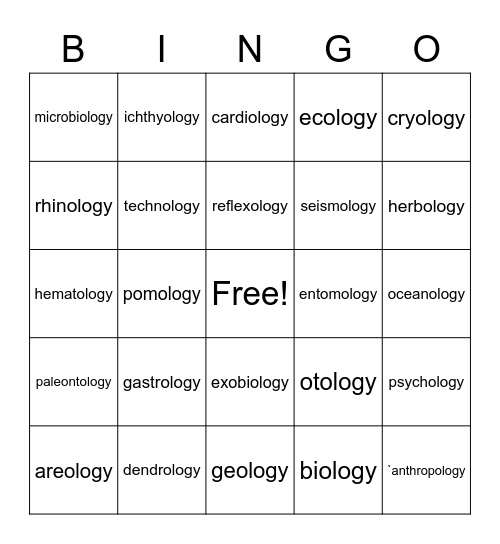 ologies Bingo Card