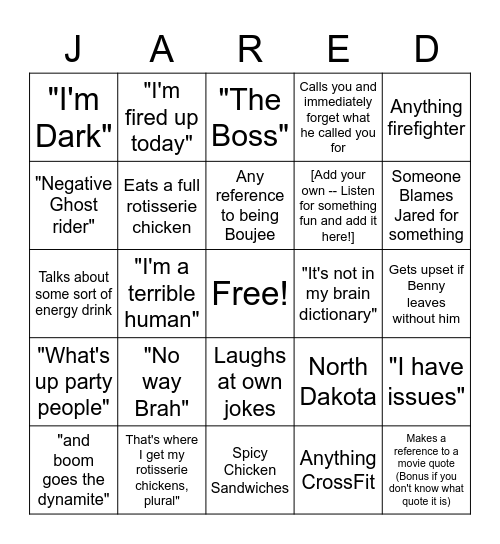 Jared Bingo Card