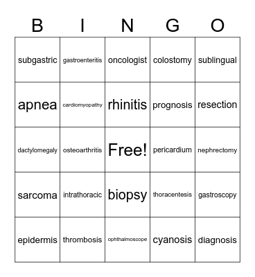 MEDICAL TERMINOLOGY #2 Bingo Card