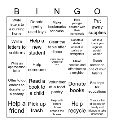 Service Learning Bingo Card