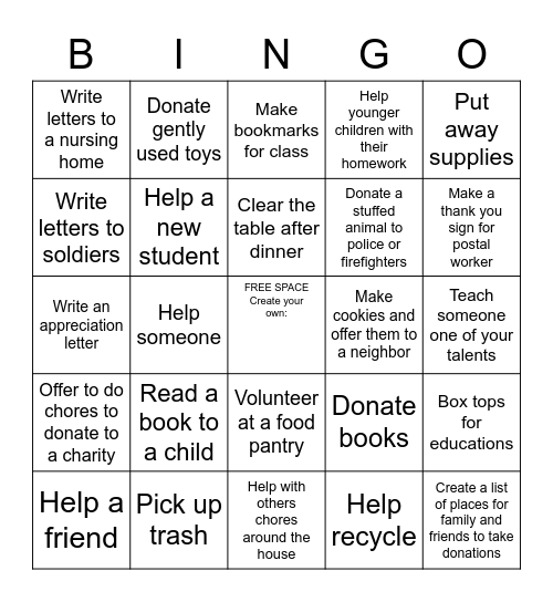 Service Learning Bingo Card