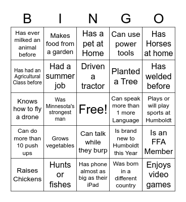 Agriculture Get to Know you Bingo Card