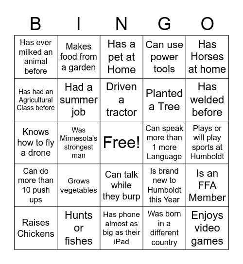 Agriculture Get to Know you Bingo Card