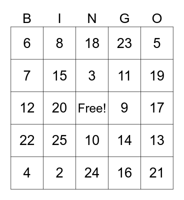 Number Bingo Card
