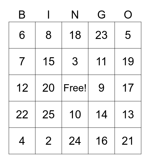 Number Bingo Card