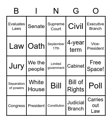 Constitution Day Bingo Card
